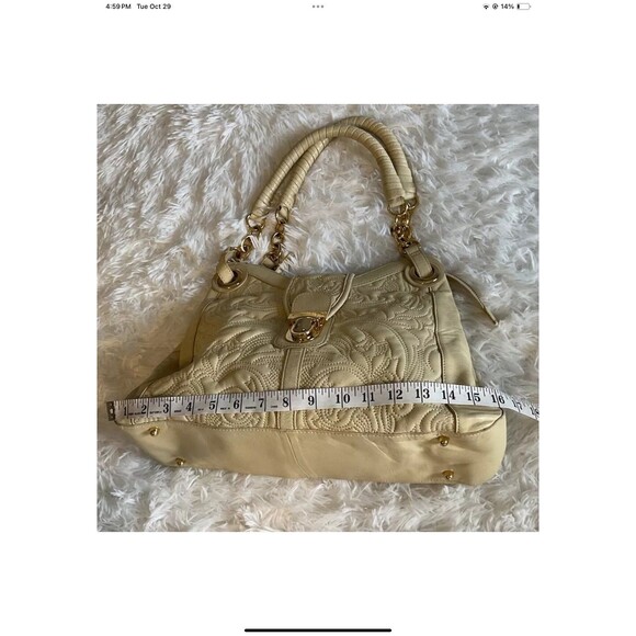 BCBG Max Azria Cream/Yellow Tooled Leather Double Handled Shoulder Purse/Bag - Picture 11 of 12